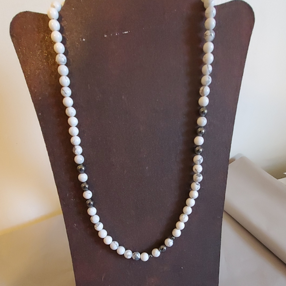 24" HOWLITE and HEMATITE Gemstone Bead Necklace